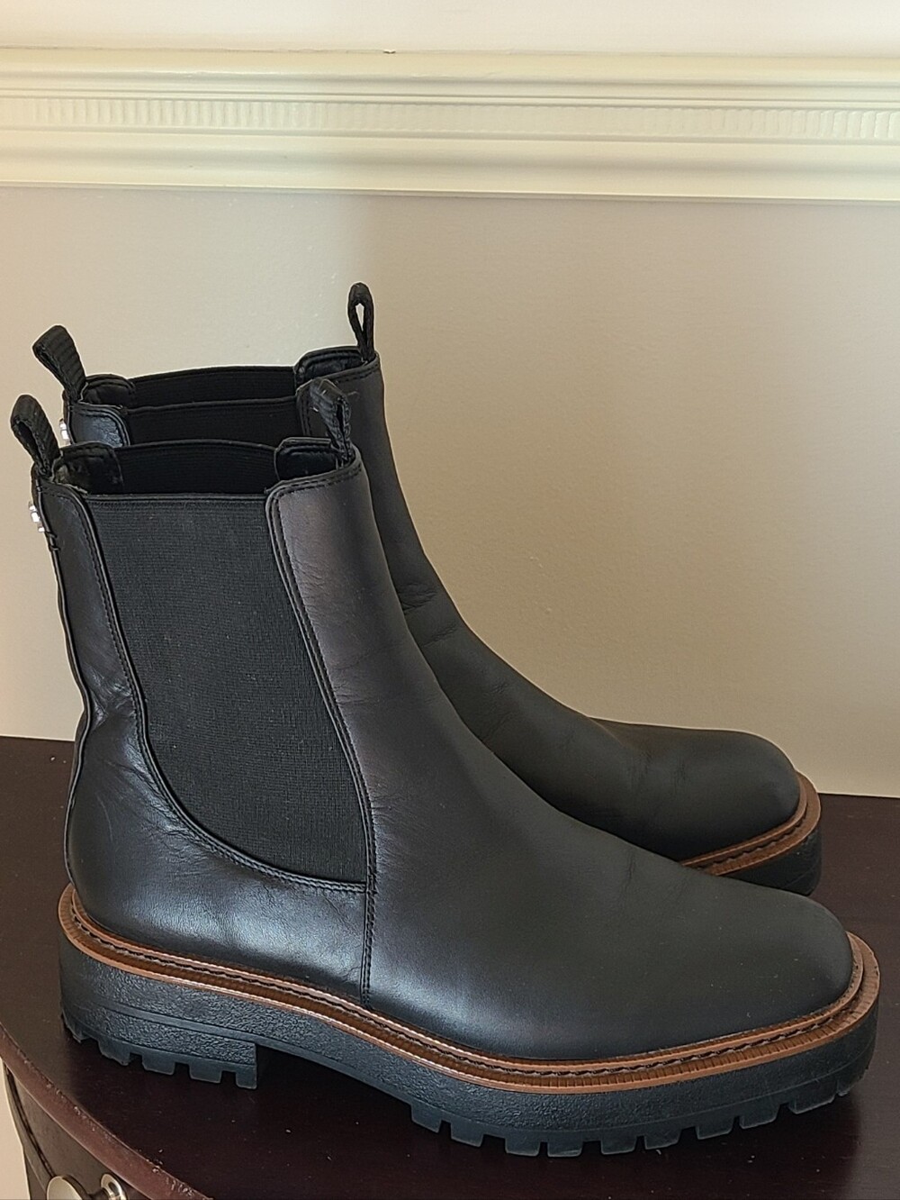 Sam Edelman Black Leather Chelsea Lug Booties with Brown Welt